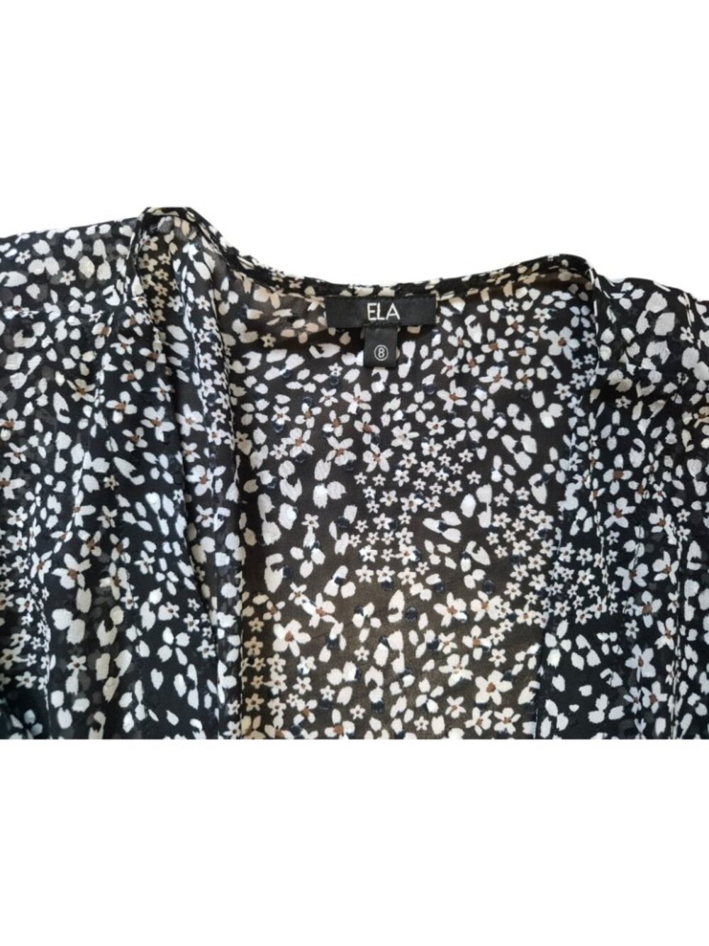 Ela Floral Midi Dress Black White Puff Sleeve Tie Waist Sheer Size 8. - Picture 3 of 9